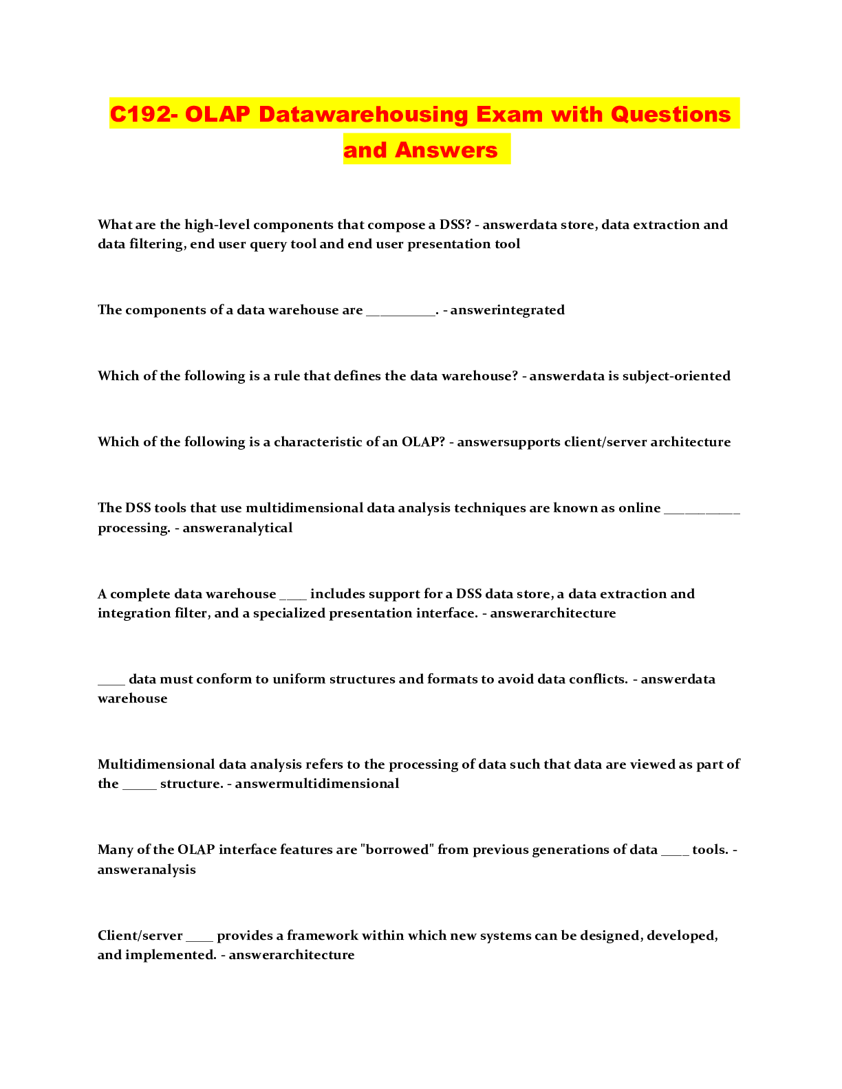 C192 OLAP Datawarehousing Exam with Questions and Answers Browsegrades